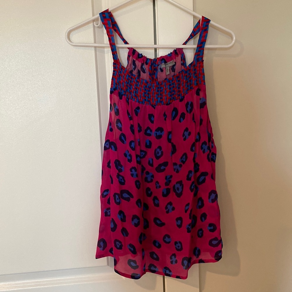 Anthro pink and blue leopard print blouse